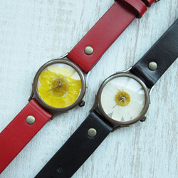 白色英語雛菊錶盤手工手錶日本製造To木皮革 第7張的照片
