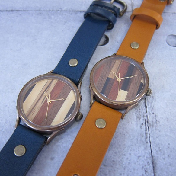 由 5 種木材製成的對錶 WB-081 082 L 尺寸 設計差異 手工手錶栃木皮革 第2張的照片