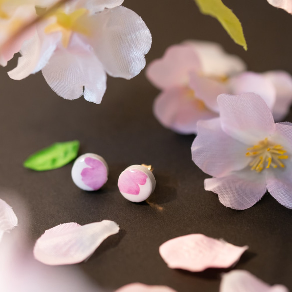 傳統手工藝品美濃陶器河津櫻迷你耳環和耳環陶瓷磚春季櫻桃粉母親節 第1張的照片