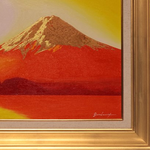 ○『河口湖からの金の太陽の赤富士』○がんどうあつし絵画油絵額 ○『河口湖からの金の太陽の赤富士』○がんどうあつし絵画油絵額