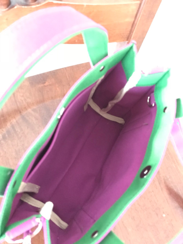 ショルダー紐付き帆布のスクエアトートバッグ☆パープル×モスグリーン☆ 3枚目の画像
