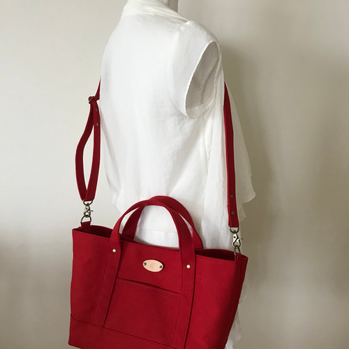 帆布のショルダー紐付2wayトートバッグML☆レッド☆ ショルダー 
