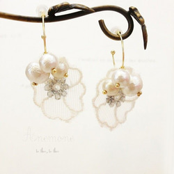 anemone_白いアネモネとコットンパールのピアス 1枚目の画像