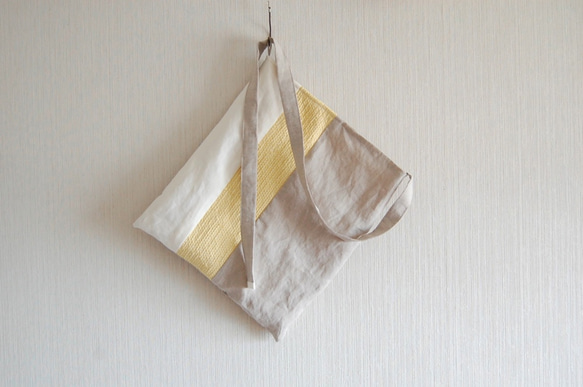 上質linenと(染)裂き織りワンショルダーバッグ：レモンイエロー 3枚目の画像