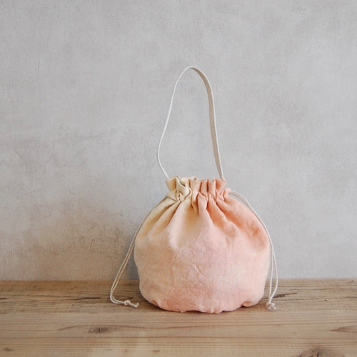 植物染め：リネン巾着バッグ：丸底：グラデーション/ 送料無料 巾着  