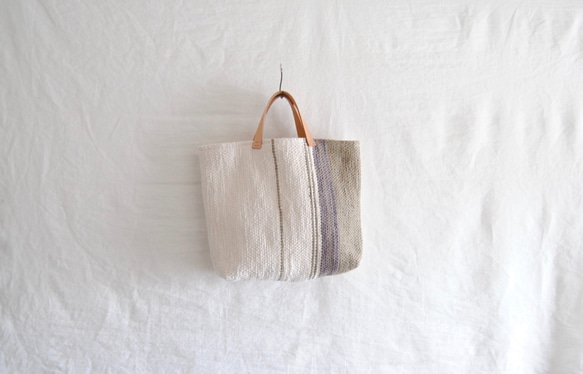ハンドメイド 手織り生地と型染め・縞の巾着バッグ