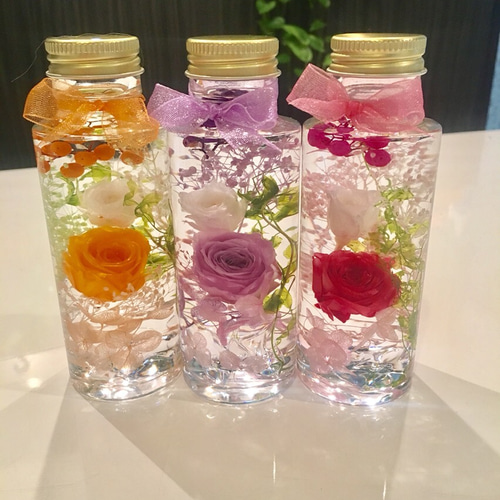 ハーバリウム ピンクと紫とオレンジの薔薇3本セット ハーバリウム 