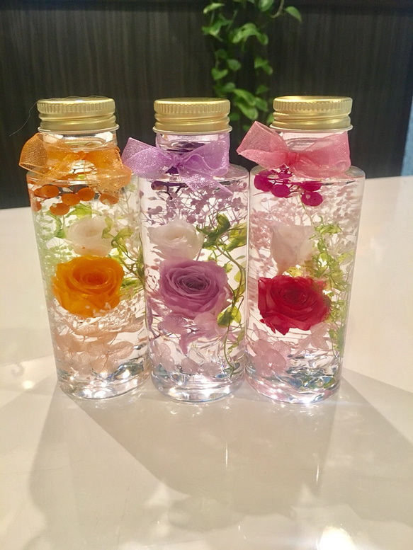 ハーバリウム ピンクと紫とオレンジの薔薇3本セット ハーバリウム 