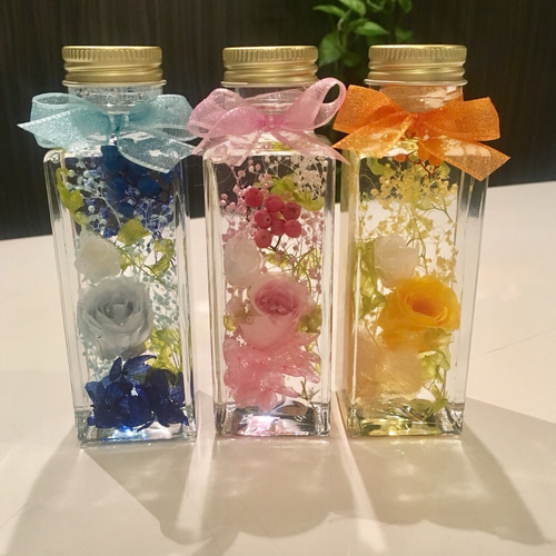 3色のバラとミニシルバーディジーをあなたに… ハーバリウムボトル