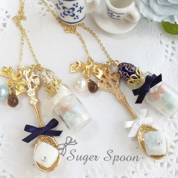 K16gp Tea party antique spoon & sugar pot necklace 1枚目の画像