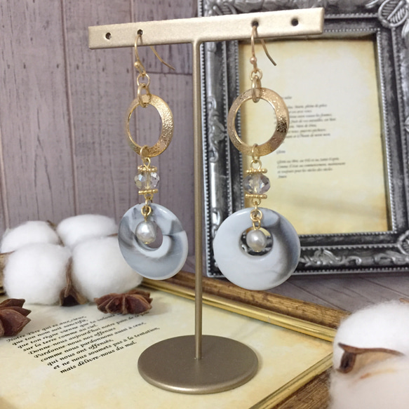 【16Kgp】淡水パール vintage gold ring & marble earring 2枚目の画像