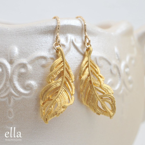 再販×12[14kgf] ゴールド フェザー ピアス・イヤリング、羽根の