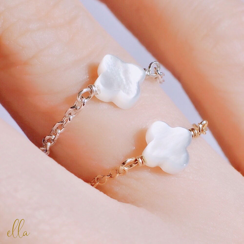 14kgf]高品質AAAランクホワイトシェルクローバーリング 指輪・リング