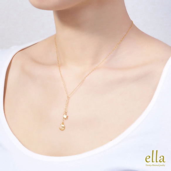 再販x5[14kgf]クレセントムーン＆スター ドロップネックレス、星と月のゴールドネックレス 3枚目の画像