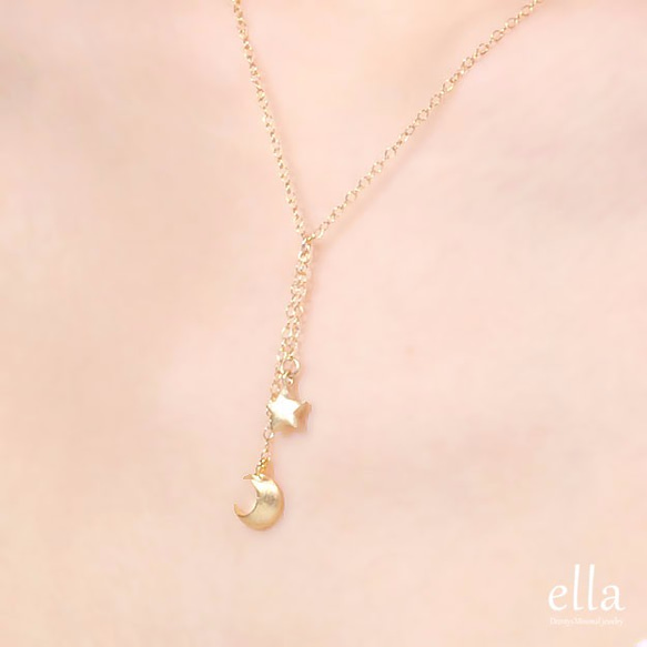 再販x5[14kgf]クレセントムーン＆スター ドロップネックレス、星と月のゴールドネックレス 4枚目の画像