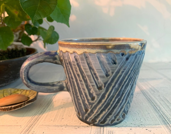樸質條紋陶製咖啡杯_陶器馬克杯 第1張的照片