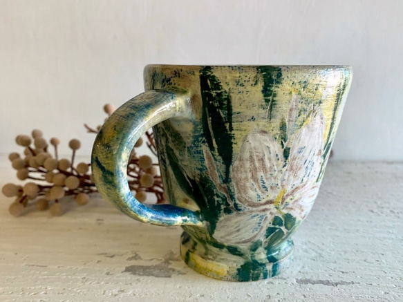 野生のショウガの花と陶器のカップ（売り切れ、作り直し）_陶器マグ 2枚目の画像