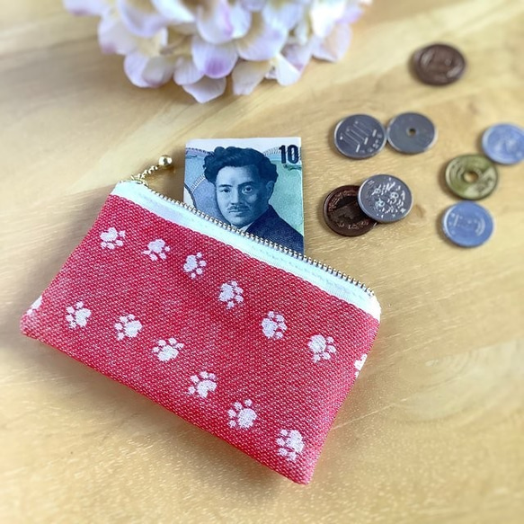 畳縁　狗貓足跡　硬幣錢包　名片夾　日式　紅色 第3張的照片
