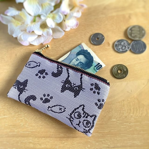 畳縁　貓臉　硬幣錢包　名片夾　日式　灰色粉紅色 第2張的照片
