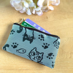 畳縁　貓臉　硬幣錢包　名片夾　日式　灰綠色 第3張的照片