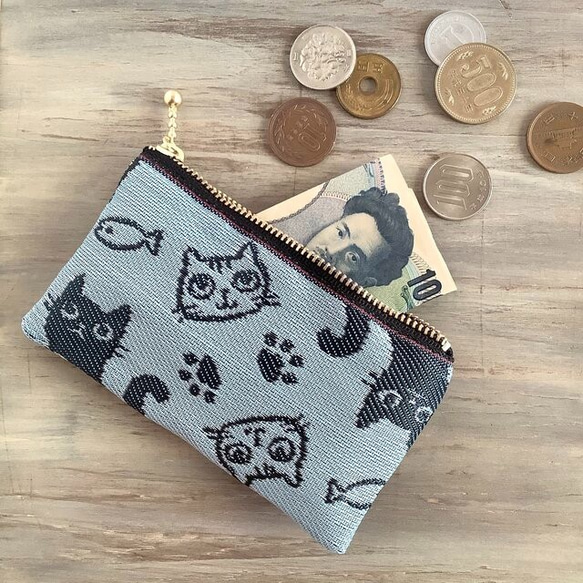 畳縁　貓臉　硬幣錢包　名片夾　日式　淺藍色 第4張的照片