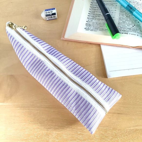 畳縁　薰衣草田　筆盒　 獨特　日式　條紋圖案　紫色 第1張的照片