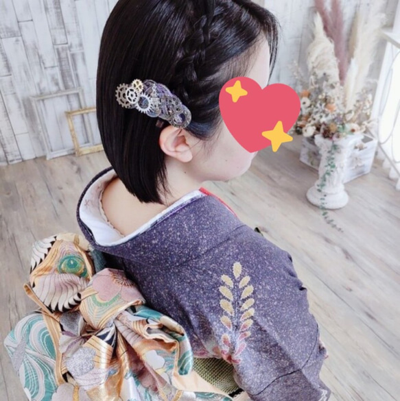 水引製【メカロボ】バレッタ　ヘアクリップ　スチームパンク　歯車　グリーン 4枚目の画像