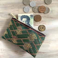 畳縁　硬幣錢包　名片夾　綠色和金色鑽石圖案　日式 第1張的照片