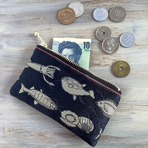 畳縁　硬幣錢包　魚殼圖案　魚　蟹　日式　黒 第1張的照片
