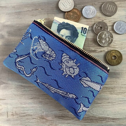 畳縁　硬幣錢包　魚殼圖案　魚　蟹　日式　藍色 第1張的照片