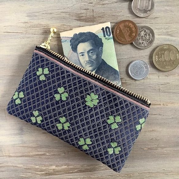 畳縁  硬幣錢包　名片夾　日式　三葉草　可爱　四葉　幸運物品　海軍藍 第1張的照片