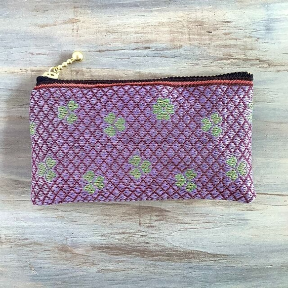 畳縁  硬幣錢包　名片夾　日式　三葉草　可爱　四葉　幸運物品　淡紫色 第8張的照片