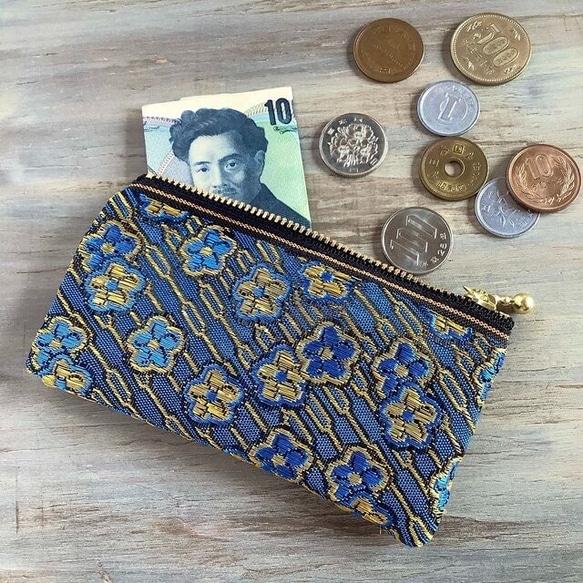 畳縁  硬幣錢包　名片夾　日式　藍色和金色花朵 第4張的照片
