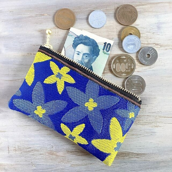 畳縁  硬幣錢包　名片夾　復古流行花卉圖案　星花　日式　藍色和黃色 第4張的照片