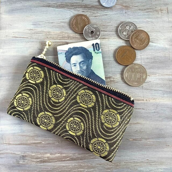 畳縁　波浪和車輪　硬幣錢包　名片夾　日式　黑色和金色 第1張的照片