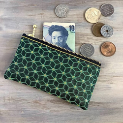 畳縁　硬幣錢包　名片夾　日式　大麻葉圖案　几何图案　立方体　護身符　黑　绿色 第5張的照片