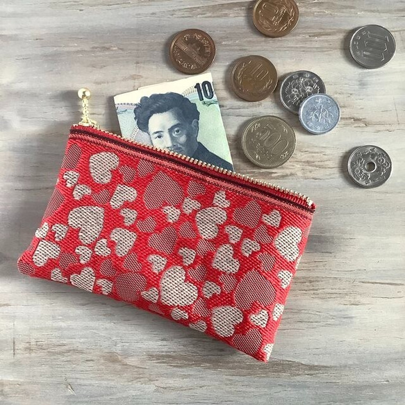 畳縁　硬幣錢包　名片夾　日式　心形圖案　紅色的　可愛的 第3張的照片