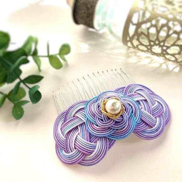 自己染的水引“Mizuhiki”製作　髮飾　梳子　紫色的　情緒化 第1張的照片