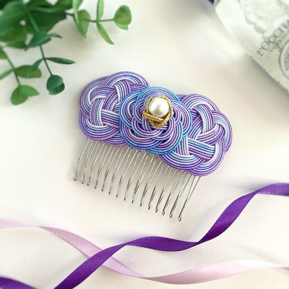 自己染的水引“Mizuhiki”製作　髮飾　梳子　紫色的　情緒化 第5張的照片