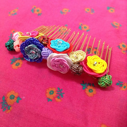水引“Mizuhiki”製作　髮飾　梳子　【多彩小花澆水】　日波希米亞　多彩 第1張的照片