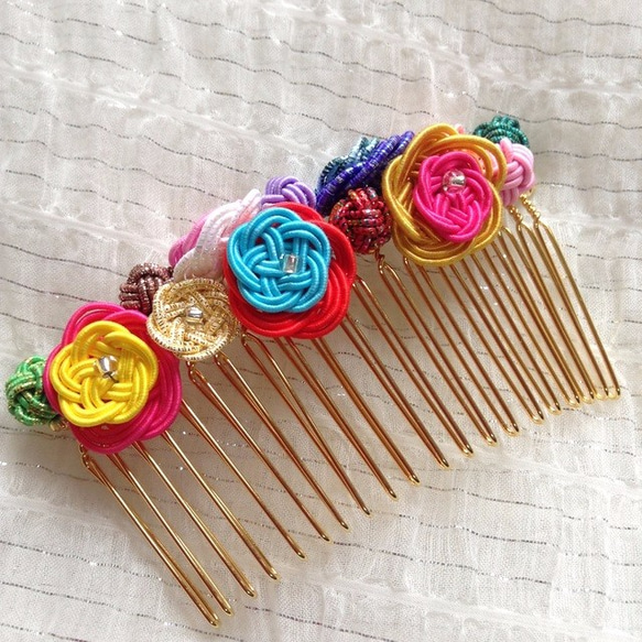 水引“Mizuhiki”製作　髮飾　梳子　【多彩小花澆水】　日波希米亞　多彩 第2張的照片