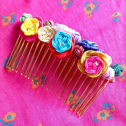 水引“Mizuhiki”製作　髮飾　梳子　【多彩小花澆水】　日波希米亞　多彩 第3張的照片