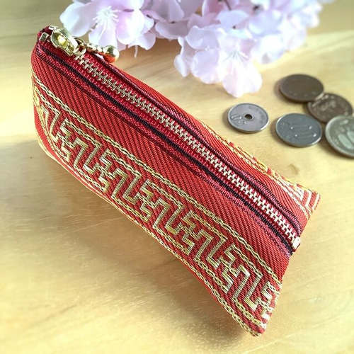 ラーメン模様（雷文様）】畳縁 テトラ型 ミニポーチ 小銭入れ 赤  