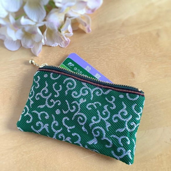 畳縁　硬幣錢包　名片夾　阿拉伯式花紋圖案　日式　綠色 第3張的照片