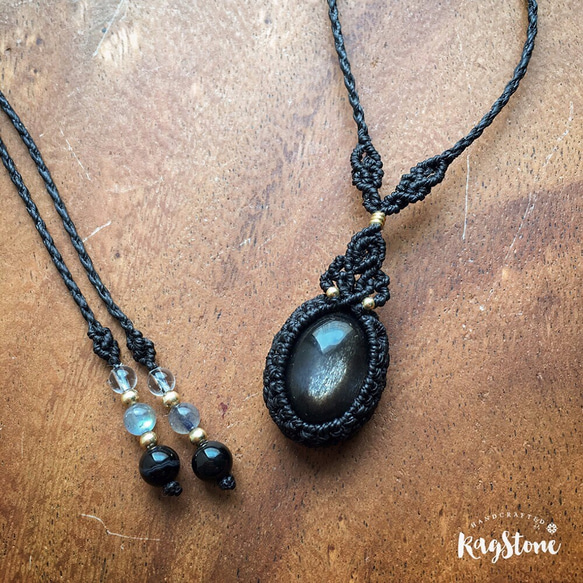 ナチュラル]スターライトブラックサンストーンマクラメ編みネックレス