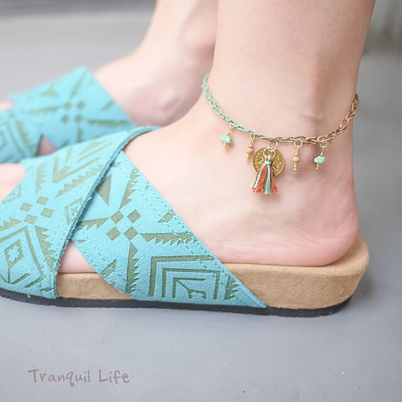 Turquoise Hemp anklet with coin&tassele 第1張的照片