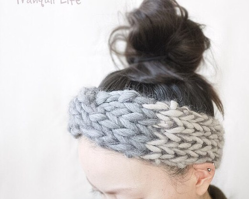 モヘア混 ターバンみたいなモコモコヘアバンド グレー×ベージュ