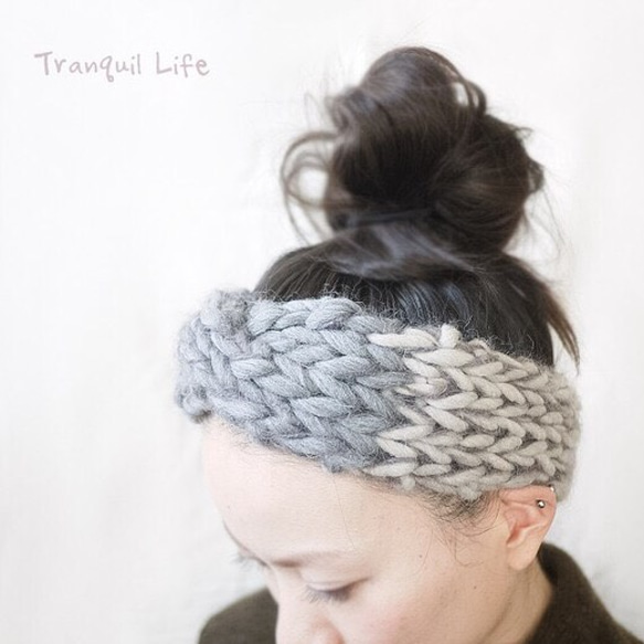 モヘア混 ターバンみたいなモコモコヘアバンド グレー×ベージュ