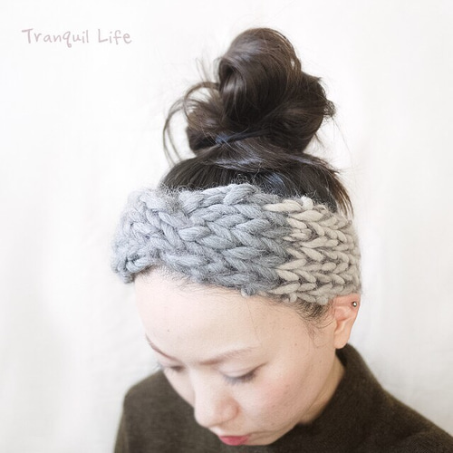 モヘア混 ターバンみたいなモコモコヘアバンド グレー×ベージュ
