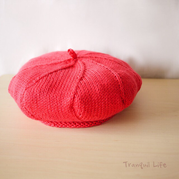 復古棉貝雷帽珊瑚紅色針織帽 第2張的照片